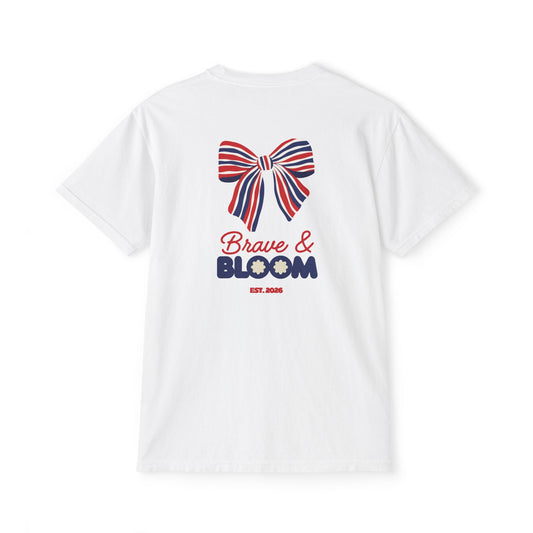 Brave & Bloom Pocket T-Shirt — Patriotic Red, White & Blue Bow Tee