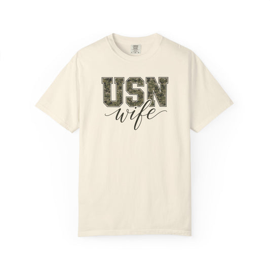 USN Wife T-Shirt - Green Camo Print Military Spouse Tee