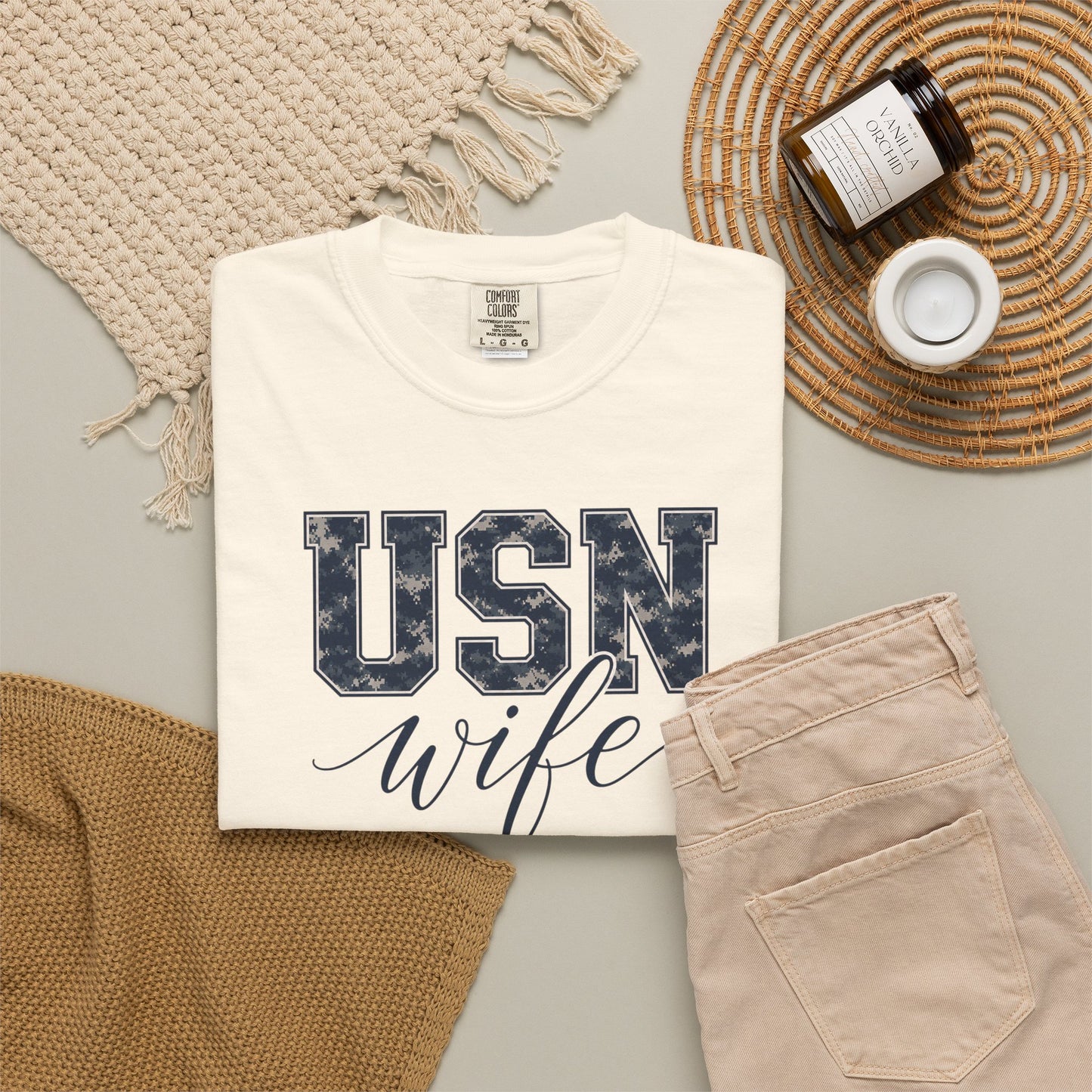 USN Wife T-Shirt - Blue Camo Print Military Spouse Tee