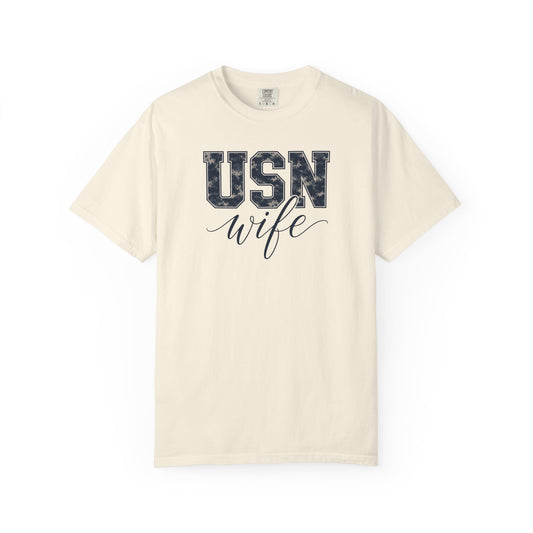 USN Wife T-Shirt - Blue Camo Print Military Spouse Tee
