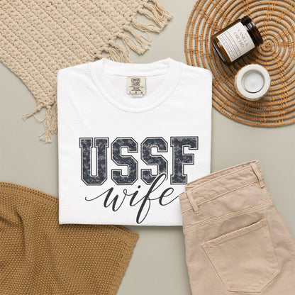 USSF Wife T-Shirt - Camo Print Military Spouse Tee