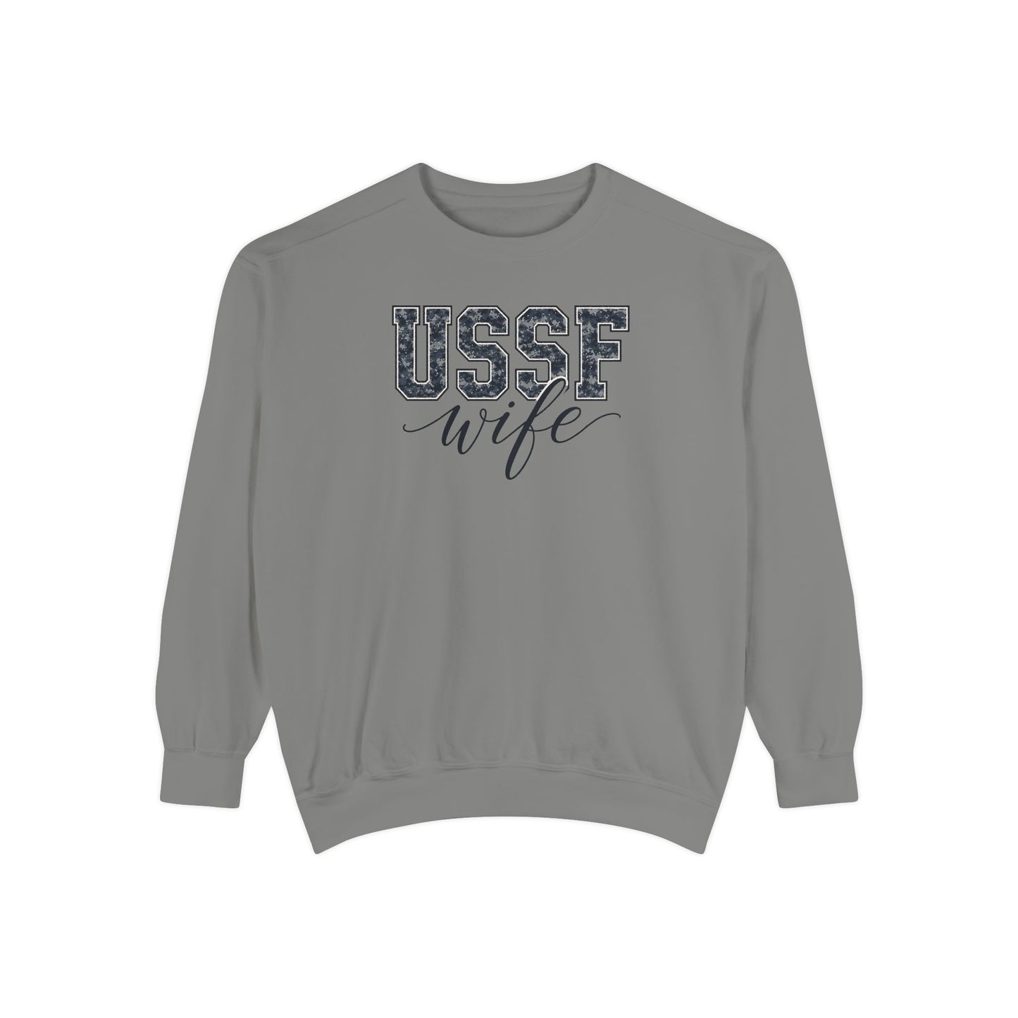 USSF Wife Sweatshirt – Camo Print Military Spouse Crewneck
