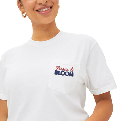Brave & Bloom Pocket T-Shirt — Patriotic Red, White & Blue Bow Tee