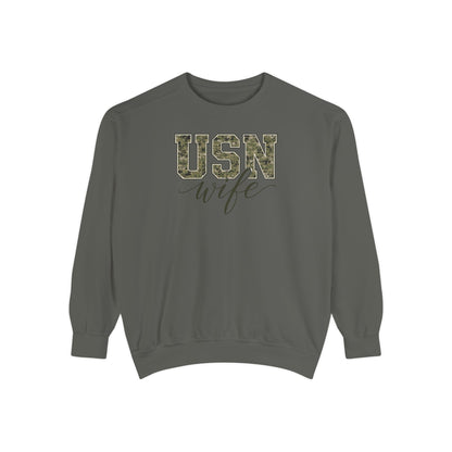USN Wife Sweatshirt - Green Camo Print Military Spouse Crewneck