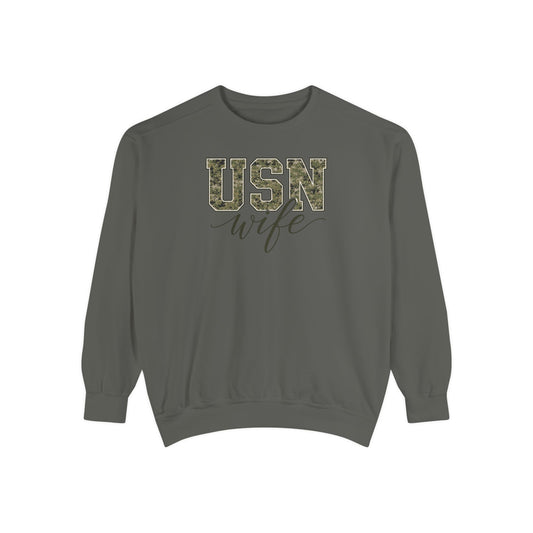 USN Wife Sweatshirt - Green Camo Print Military Spouse Crewneck