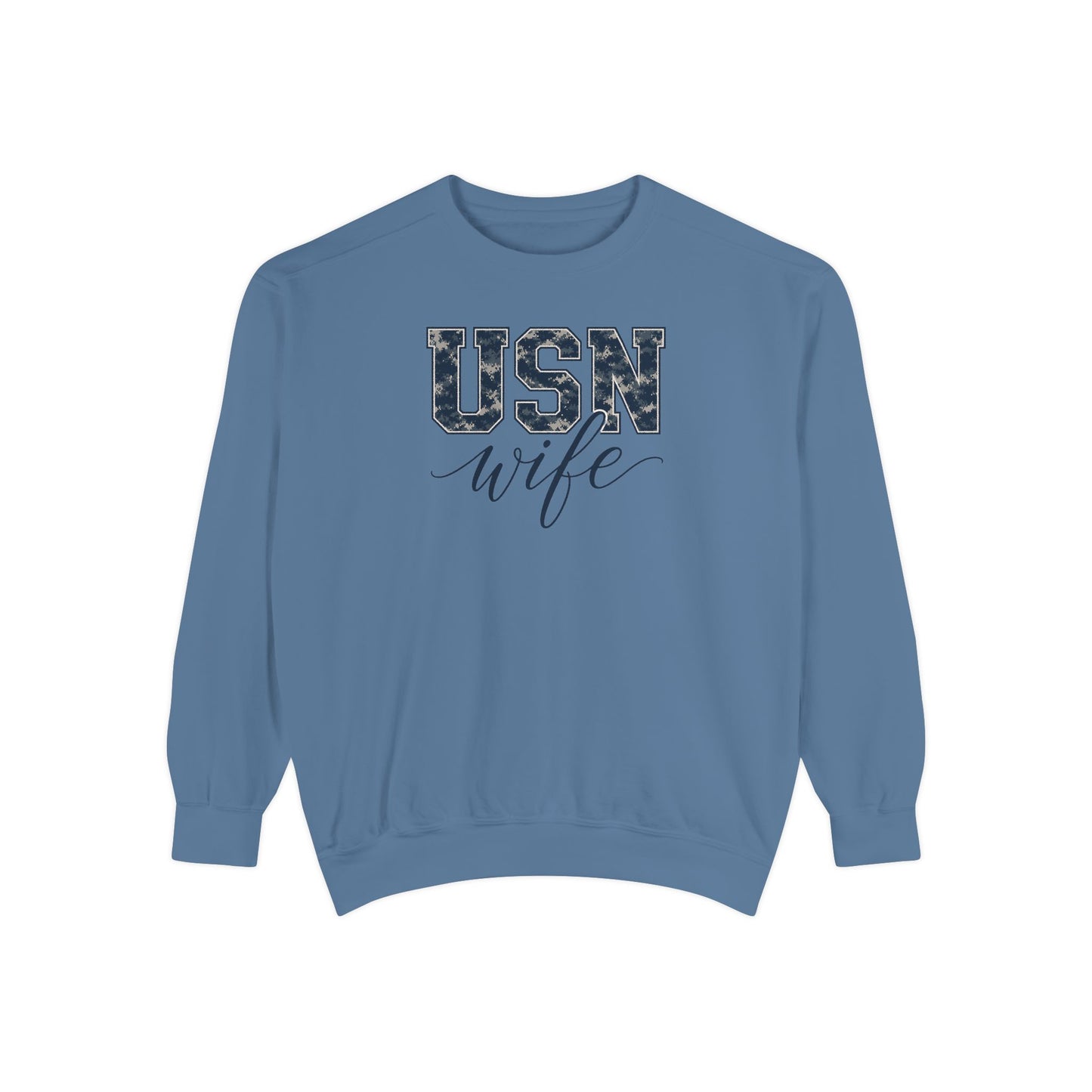 USN Wife Sweatshirt - Blue Camo Print Military Spouse Crewneck