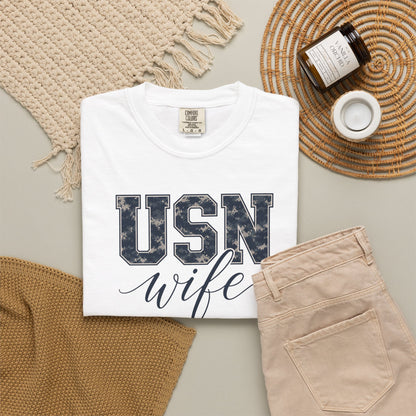 USN Wife T-Shirt - Blue Camo Print Military Spouse Tee