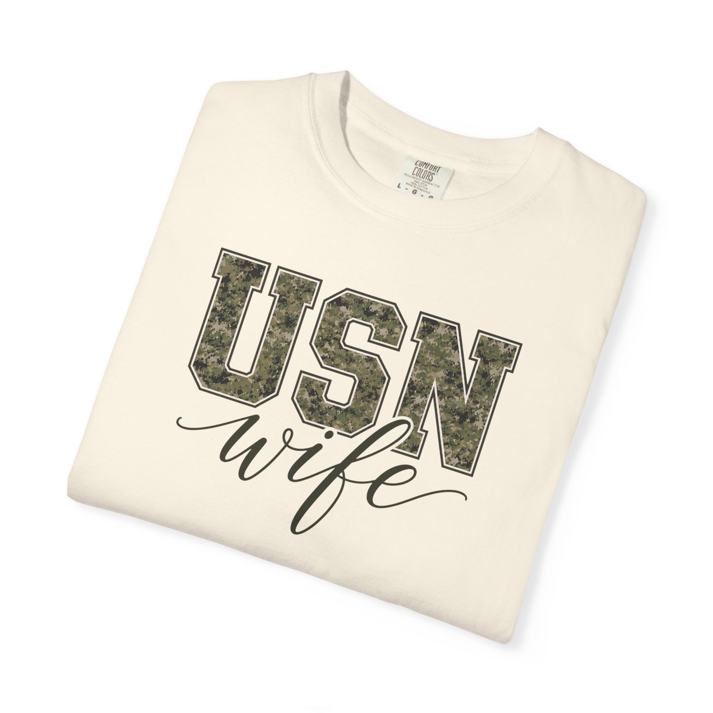 USN Wife T-Shirt - Green Camo Print Military Spouse Tee