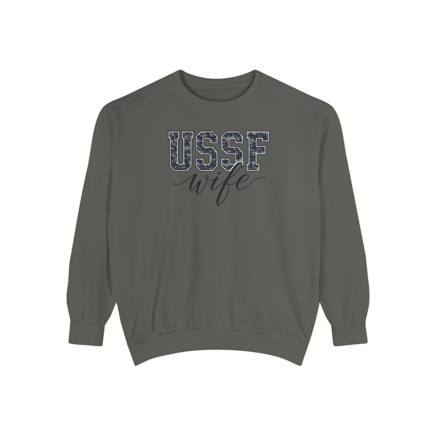 USSF Wife Sweatshirt – Camo Print Military Spouse Crewneck
