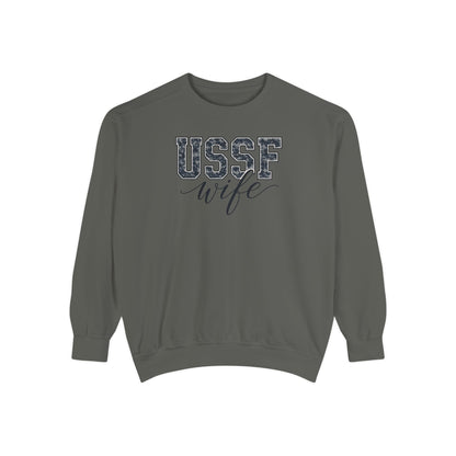 USSF Wife Sweatshirt – Camo Print Military Spouse Crewneck