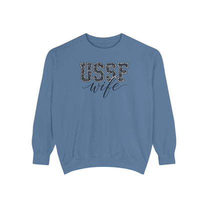 USSF Wife Sweatshirt – Camo Print Military Spouse Crewneck