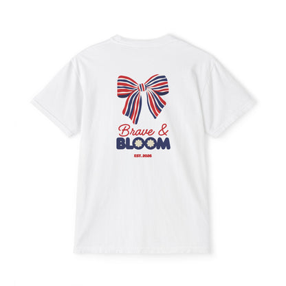Brave & Bloom Pocket T-Shirt — Patriotic Red, White & Blue Bow Tee