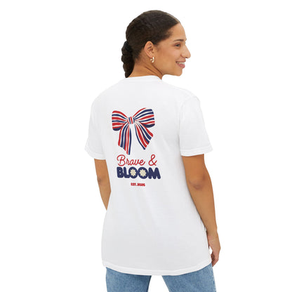 Brave & Bloom Pocket T-Shirt — Patriotic Red, White & Blue Bow Tee