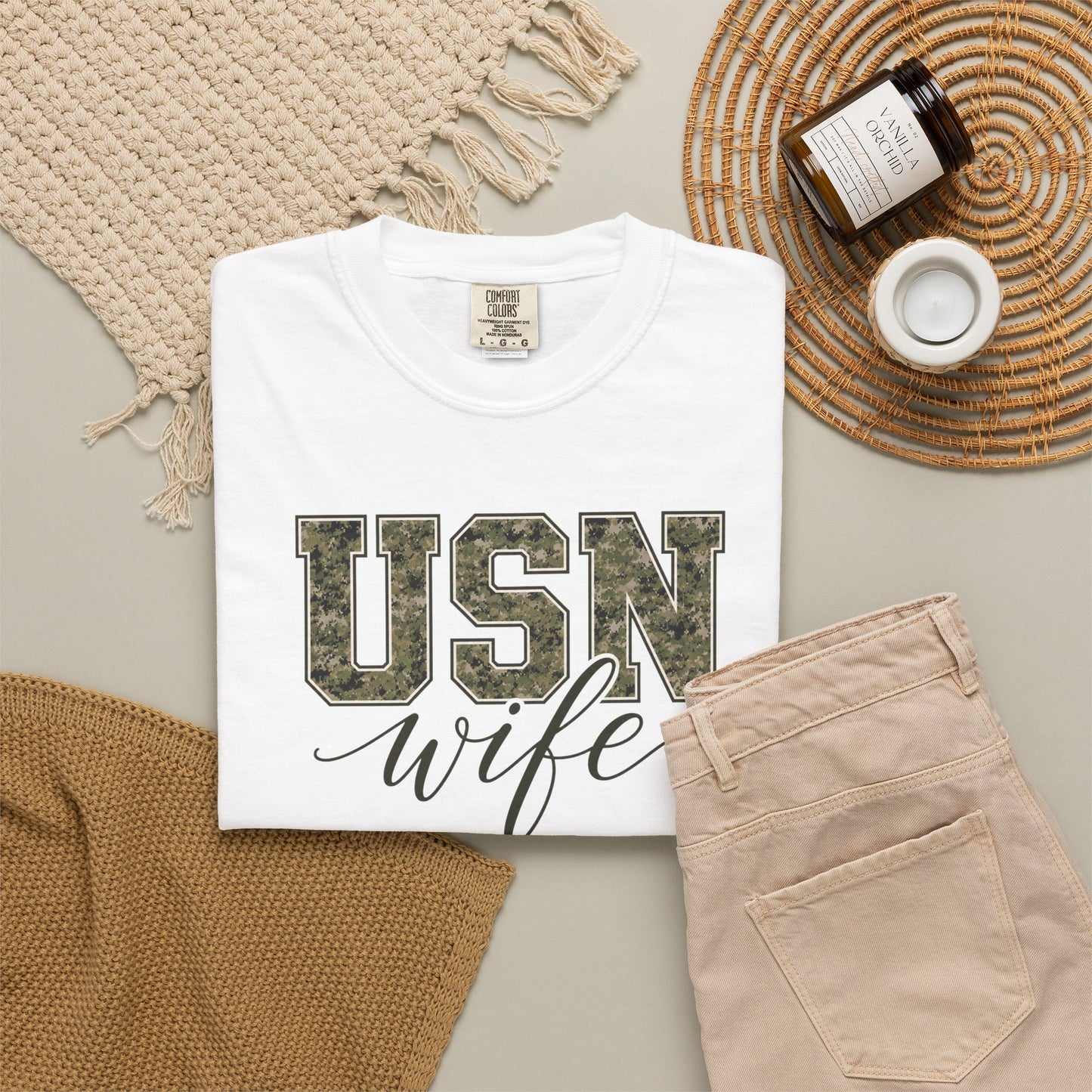 USN Wife T-Shirt - Green Camo Print Military Spouse Tee