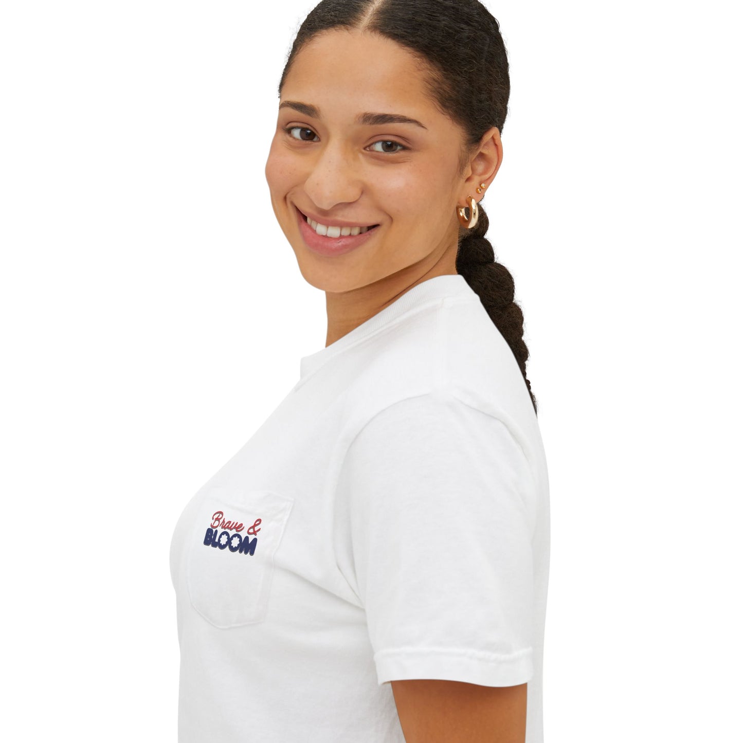 Brave & Bloom Pocket T-Shirt — Patriotic Red, White & Blue Bow Tee