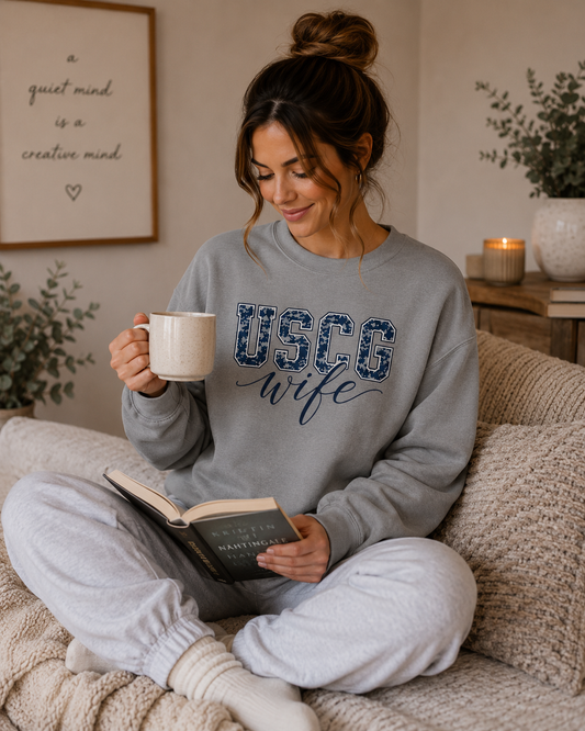 USCG Wife Sweatshirt — Camo Print Military Spouse Crewneck
