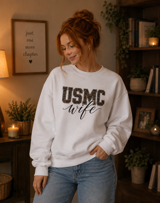 USMC Wife Sweatshirt — Camo Print Military Spouse Crewneck