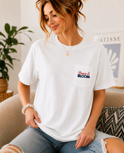 Brave & Bloom Pocket T-Shirt — Patriotic Red, White & Blue Bow Tee