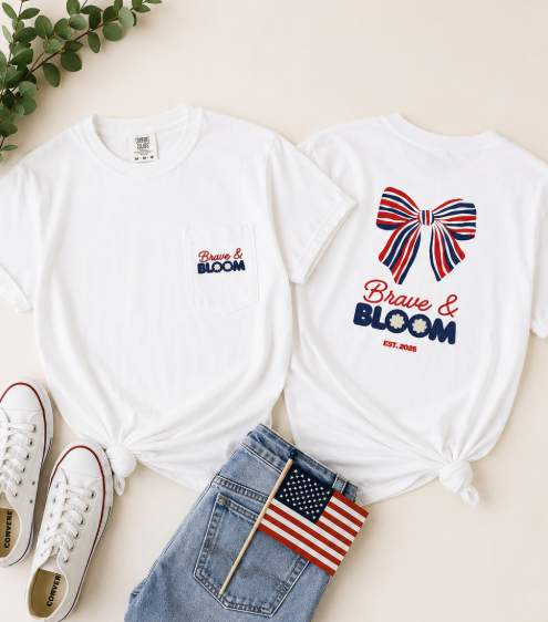 Brave & Bloom Pocket T-Shirt — Patriotic Red, White & Blue Bow Tee