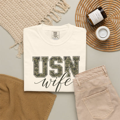 USN Wife T-Shirt - Green Camo Print Military Spouse Tee