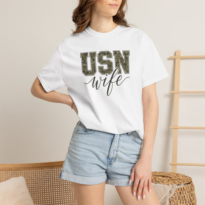 USN Wife T-Shirt - Green Camo Print Military Spouse Tee
