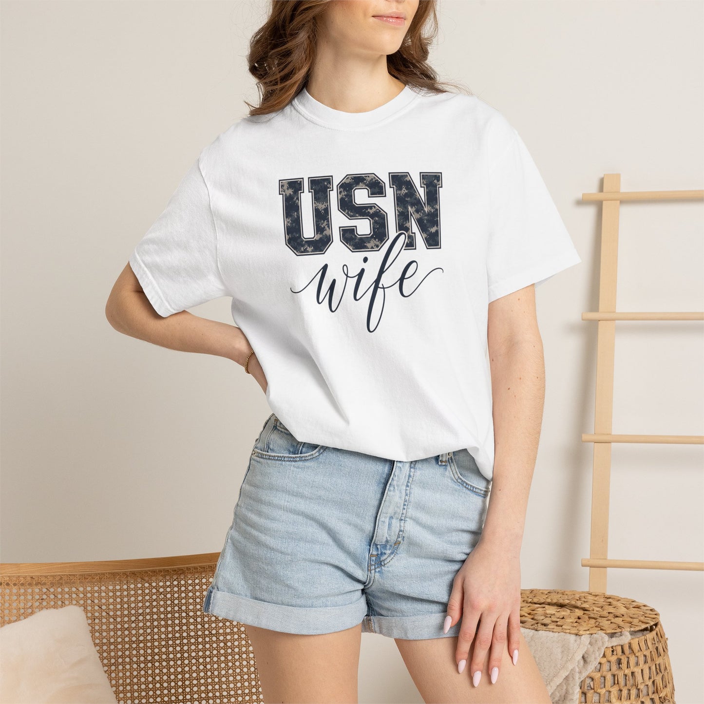 USN Wife T-Shirt - Blue Camo Print Military Spouse Tee