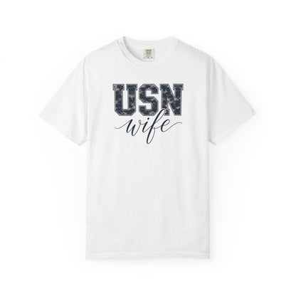 USN Wife T-Shirt - Blue Camo Print Military Spouse Tee