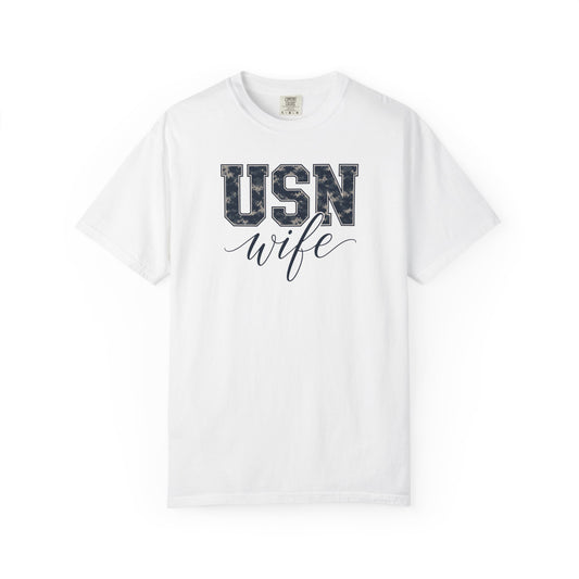 USN Wife T-Shirt - Blue Camo Print Military Spouse Tee