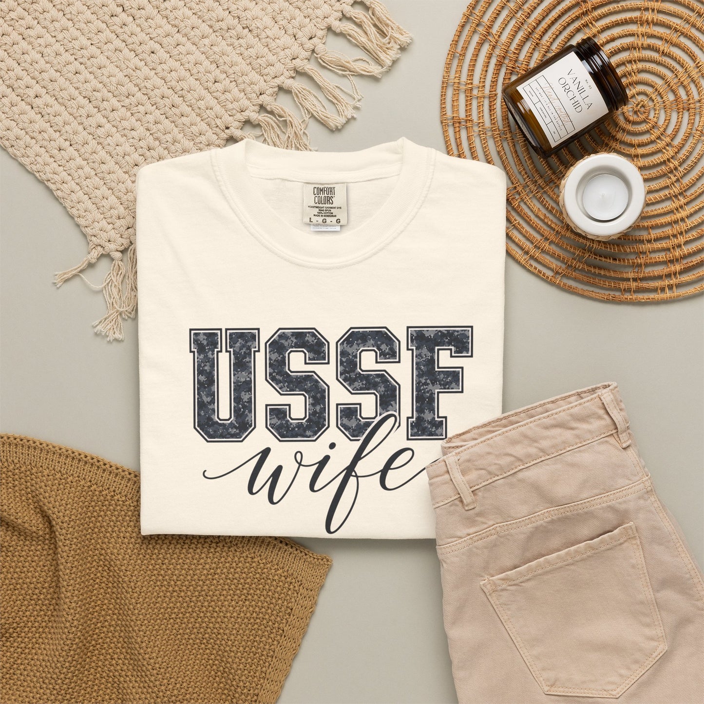 USSF Wife T-Shirt - Camo Print Military Spouse Tee
