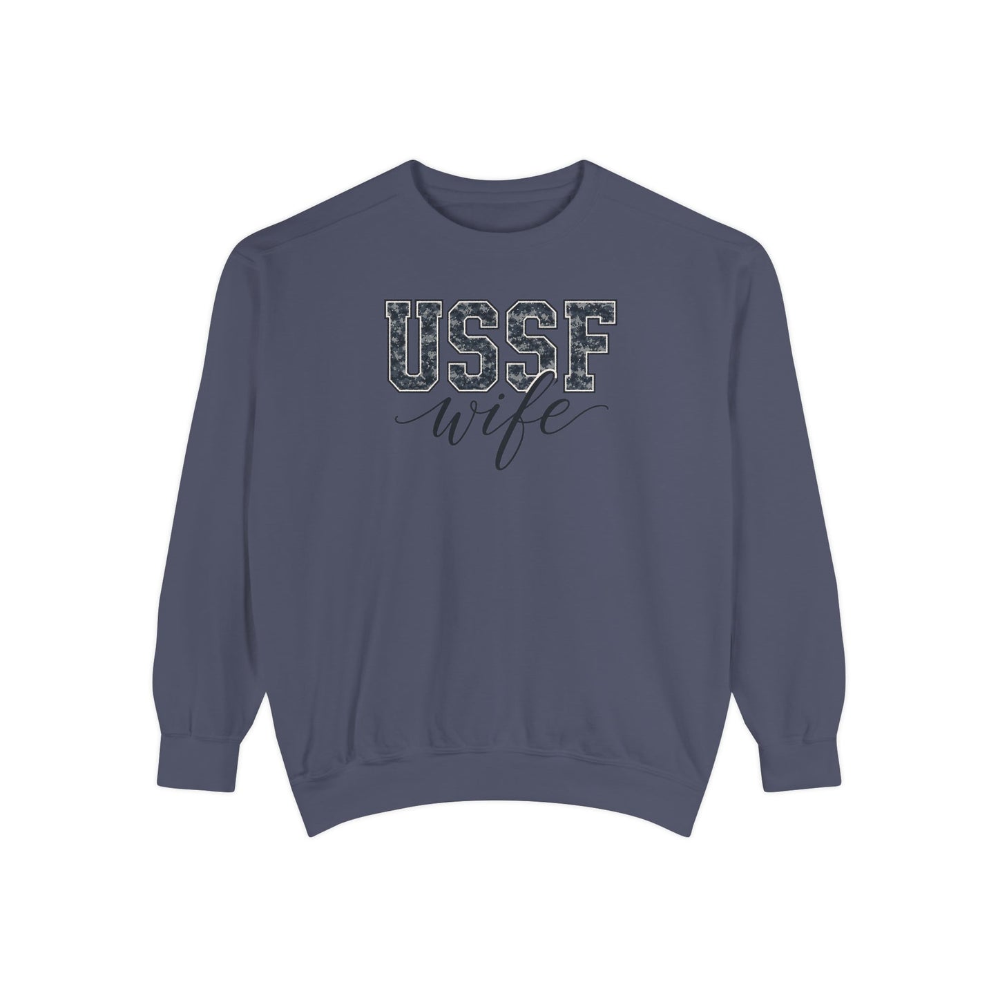 USSF Wife Sweatshirt – Camo Print Military Spouse Crewneck