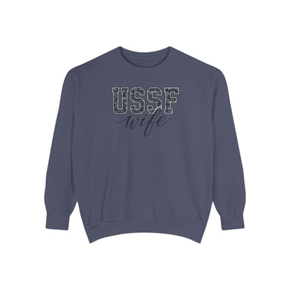 USSF Wife Sweatshirt – Camo Print Military Spouse Crewneck